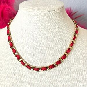 Large link Gold Toned Necklace with Red Ribbon